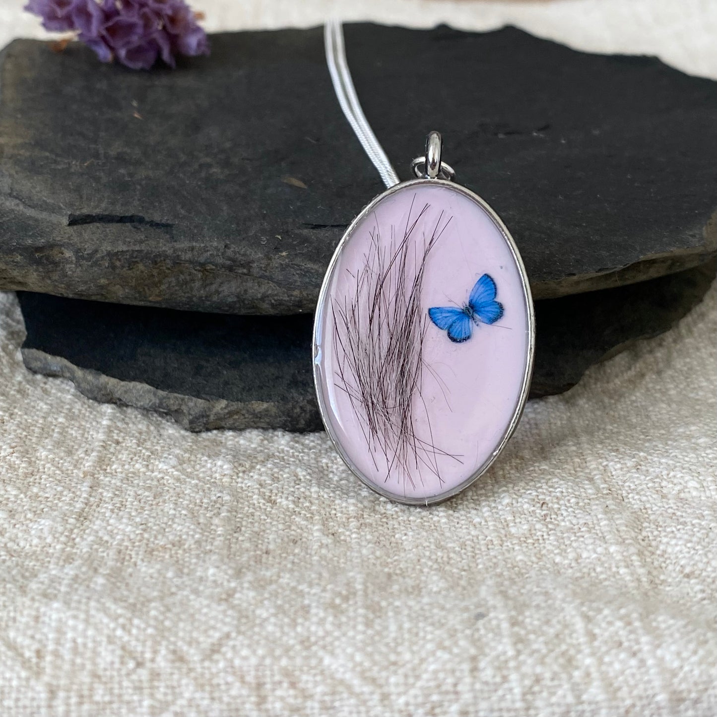 Pet Fur Keepsake Necklace | Blue Butterfly Memorial Pendant