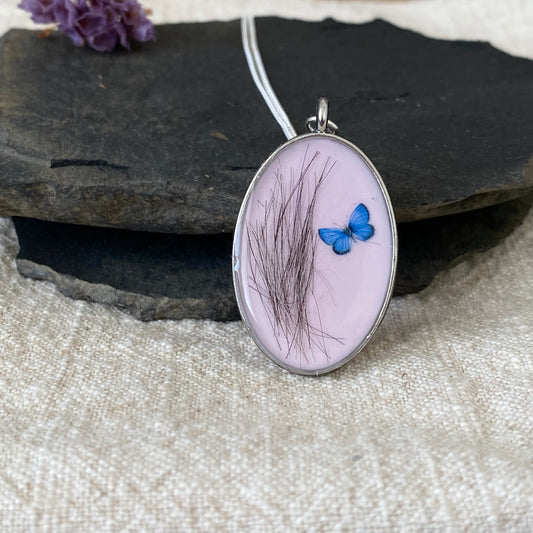 Pet Fur Keepsake Necklace | Blue Butterfly Memorial Pendant