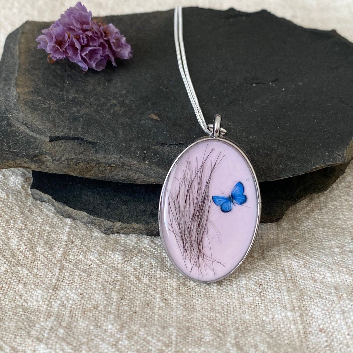 Pet Fur Keepsake Necklace | Blue Butterfly Memorial Pendant
