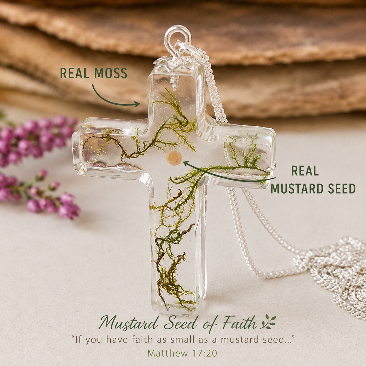 Mustard Seed Cross of Faith| Real Botanical Necklace