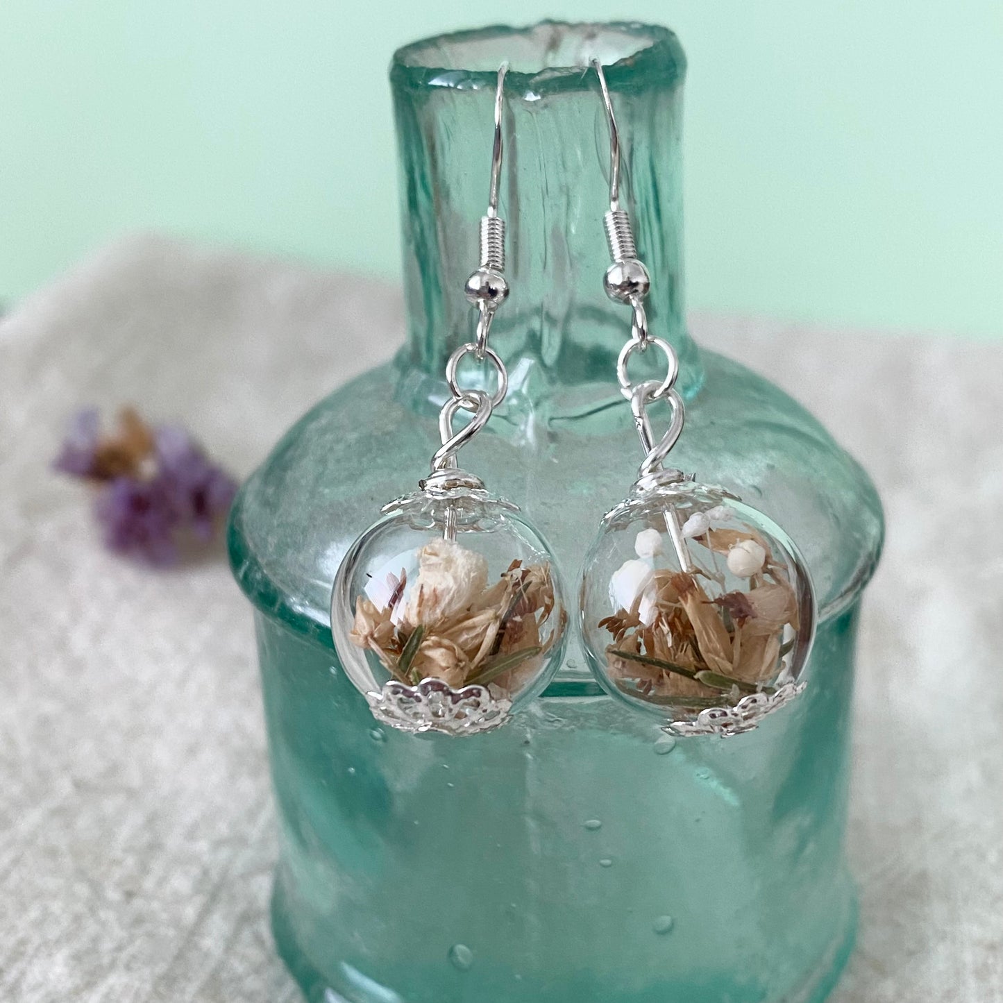 Lucky White Heather Earrings - Real Flower - Bridal Wedding Bridesmaid