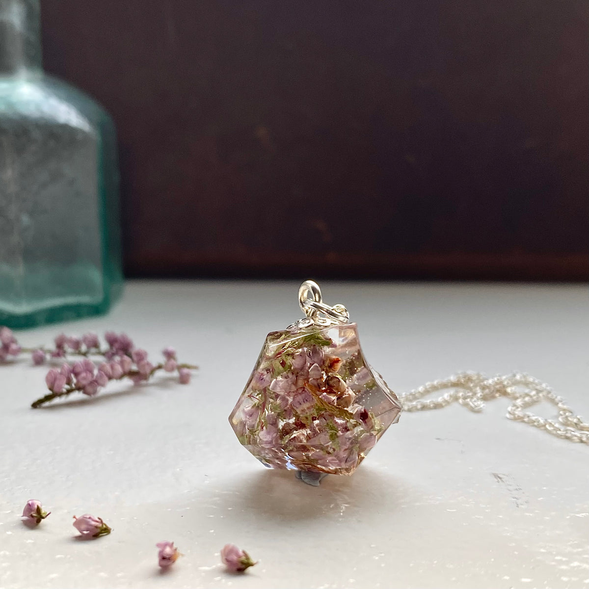 Scottish Heather Prism Necklace, Real Flower Jewellery