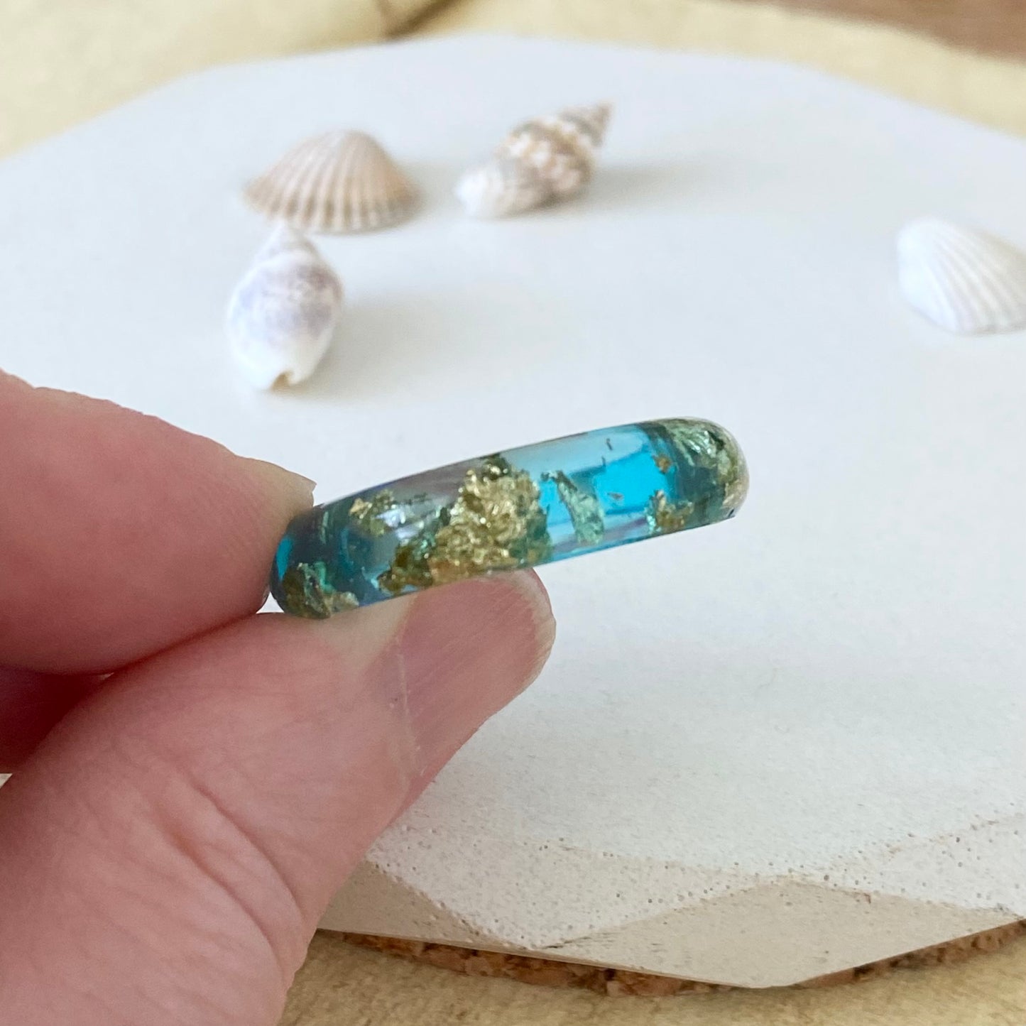 Rock Pool Aqua Resin Ring | Handmade in Scotland | Ocean Blue & Gold Leaf