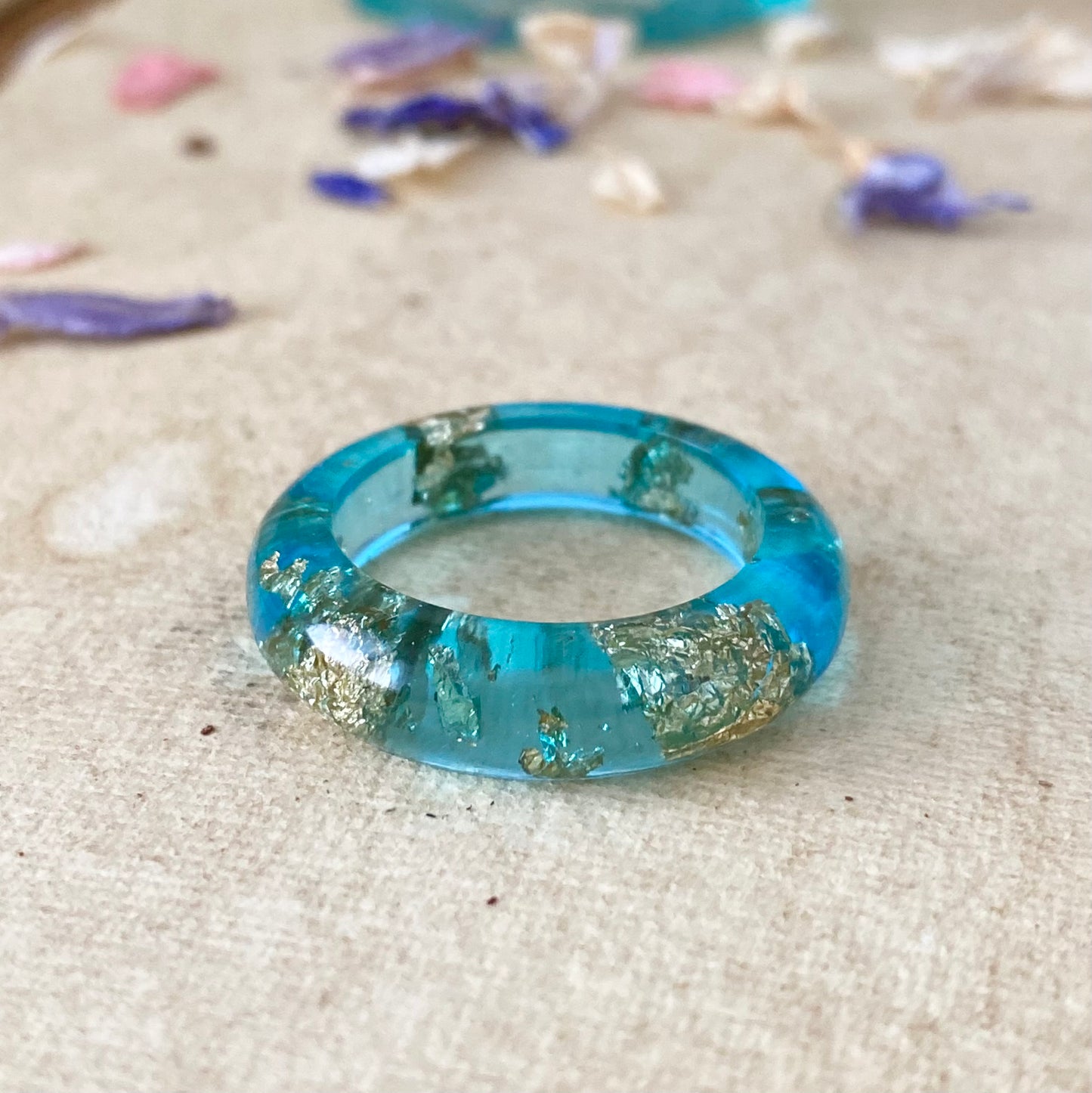 Rock Pool Aqua Resin Ring | Handmade in Scotland | Ocean Blue & Gold Leaf