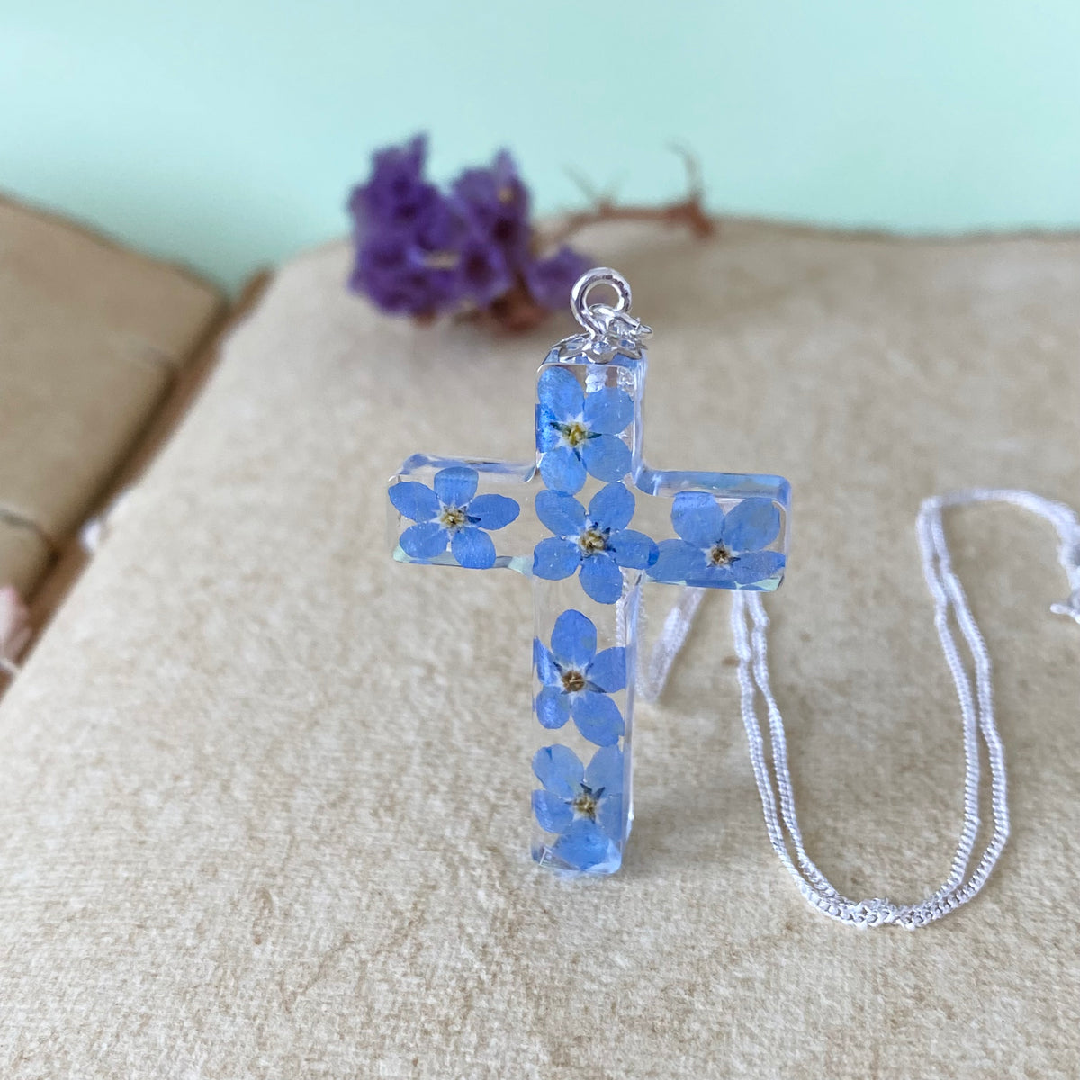 Forget-Me-Not Cross of Remembrance | Real Flower Necklace