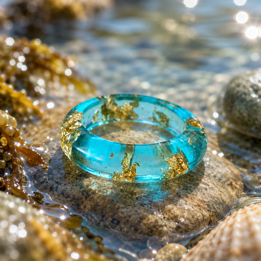 Rock Pool Aqua Resin Ring | Handmade in Scotland | Ocean Blue & Gold Leaf
