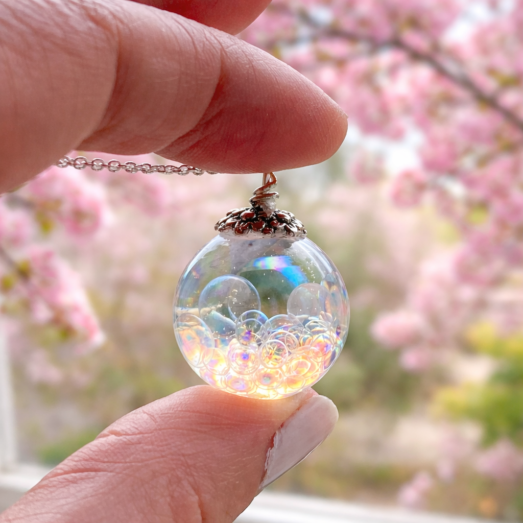 Fairy Necklace, Resin Sphere With Magical Fairy Beads, Rainbow Bubble Necklace