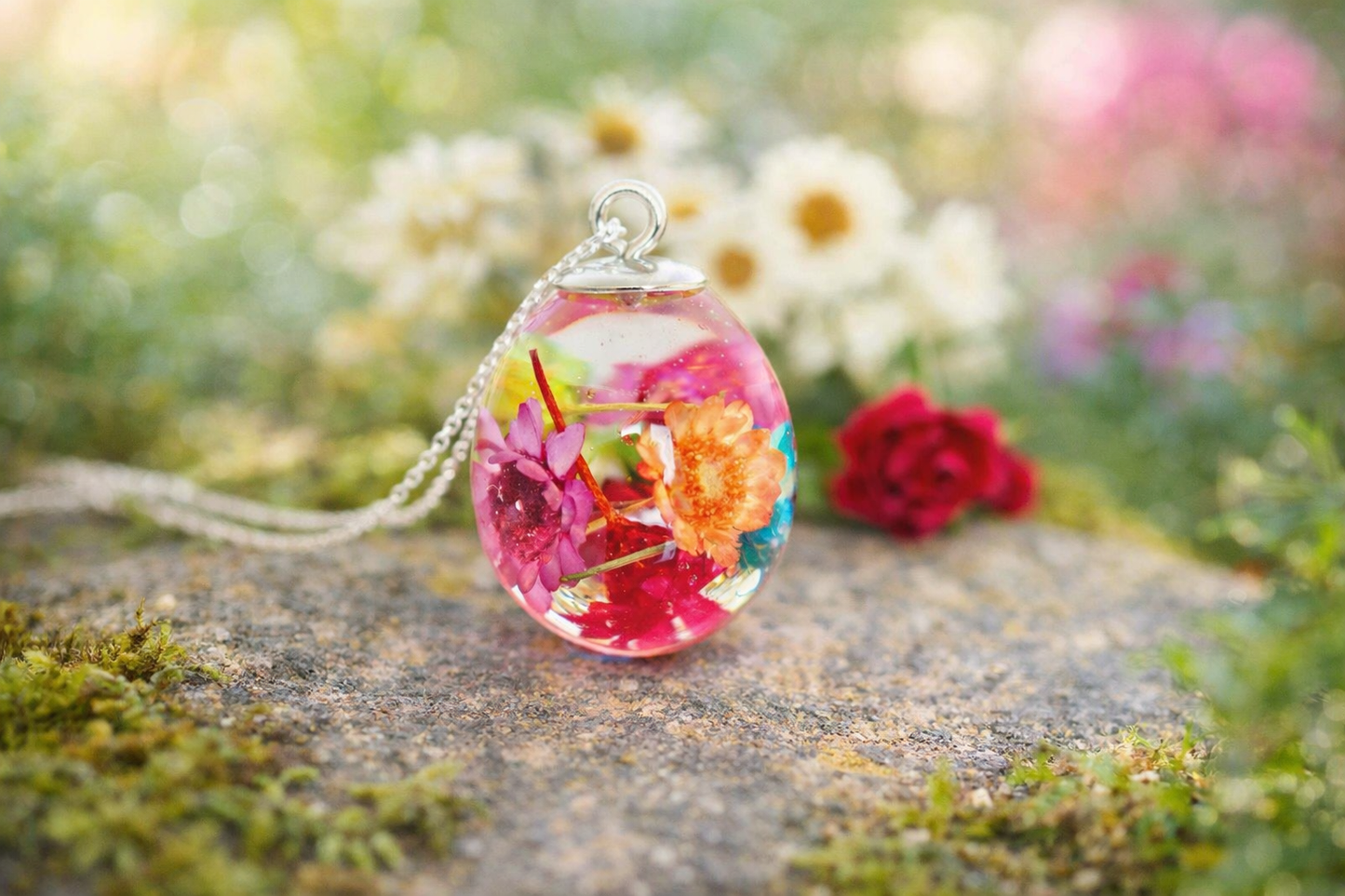 Rainbow Real Flower Necklace, Waterdrop Resin Pendant