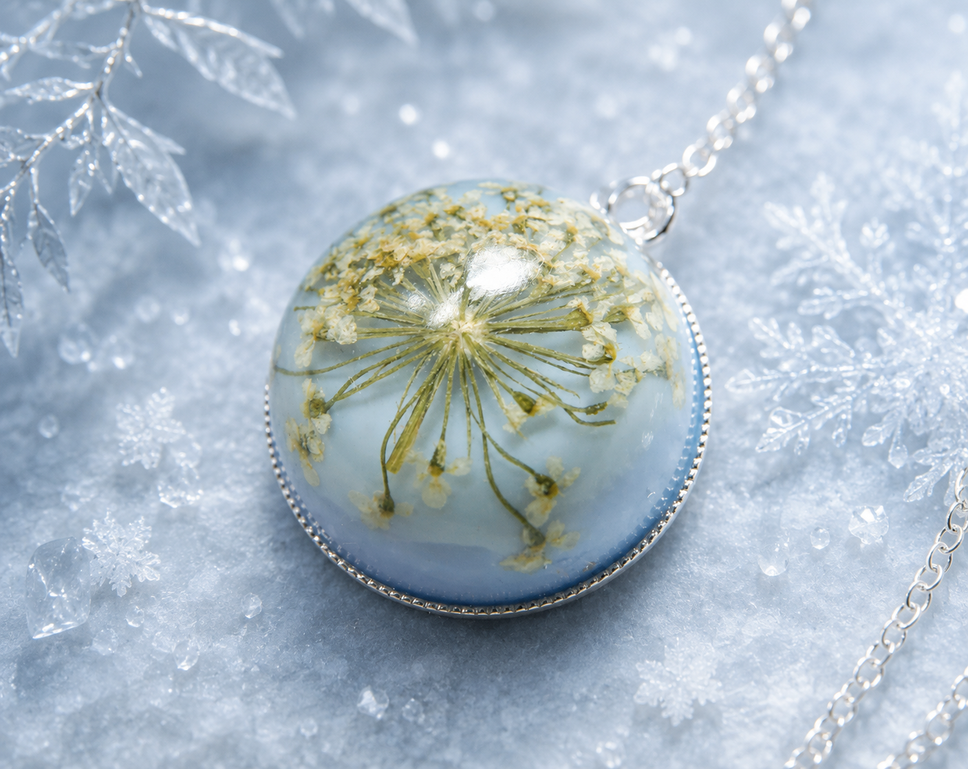 Snowflake Necklace, Winter Necklace, Gift for Mom, Real Flower Necklace, Flower Jewelry, Flower Necklace, Christmas Gift