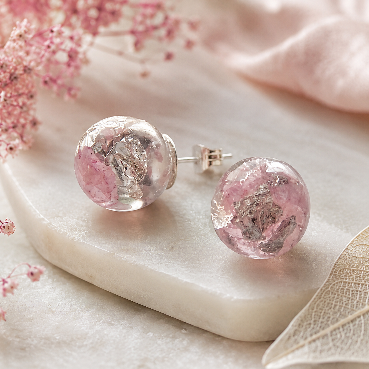 Rose Quartz Earrings, Natural Rose Quartz with Silver Flakes, Stud Orb Earrings, Handmade by Wishes on the Wind
