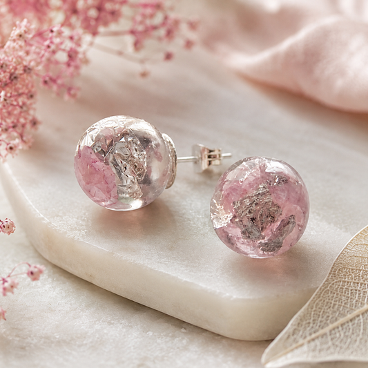 Rose Quartz Earrings, Natural Rose Quartz with Silver Flakes, Stud Orb Earrings, Handmade by Wishes on the Wind