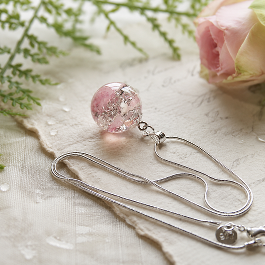 Rose Quartz with Silver Flake Resin Pendant, Resin Orb Necklace, Rose Quartz, Gemstone Pendant