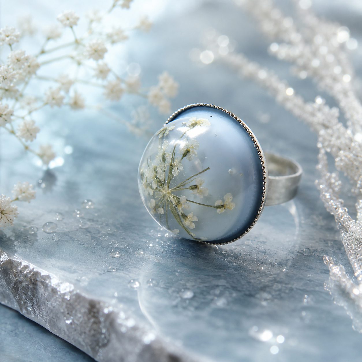 Snowflake Ring, Lace Flower, Pressed Flower Jewelry, Eco Chic, Christmas Gift, Ice Blue