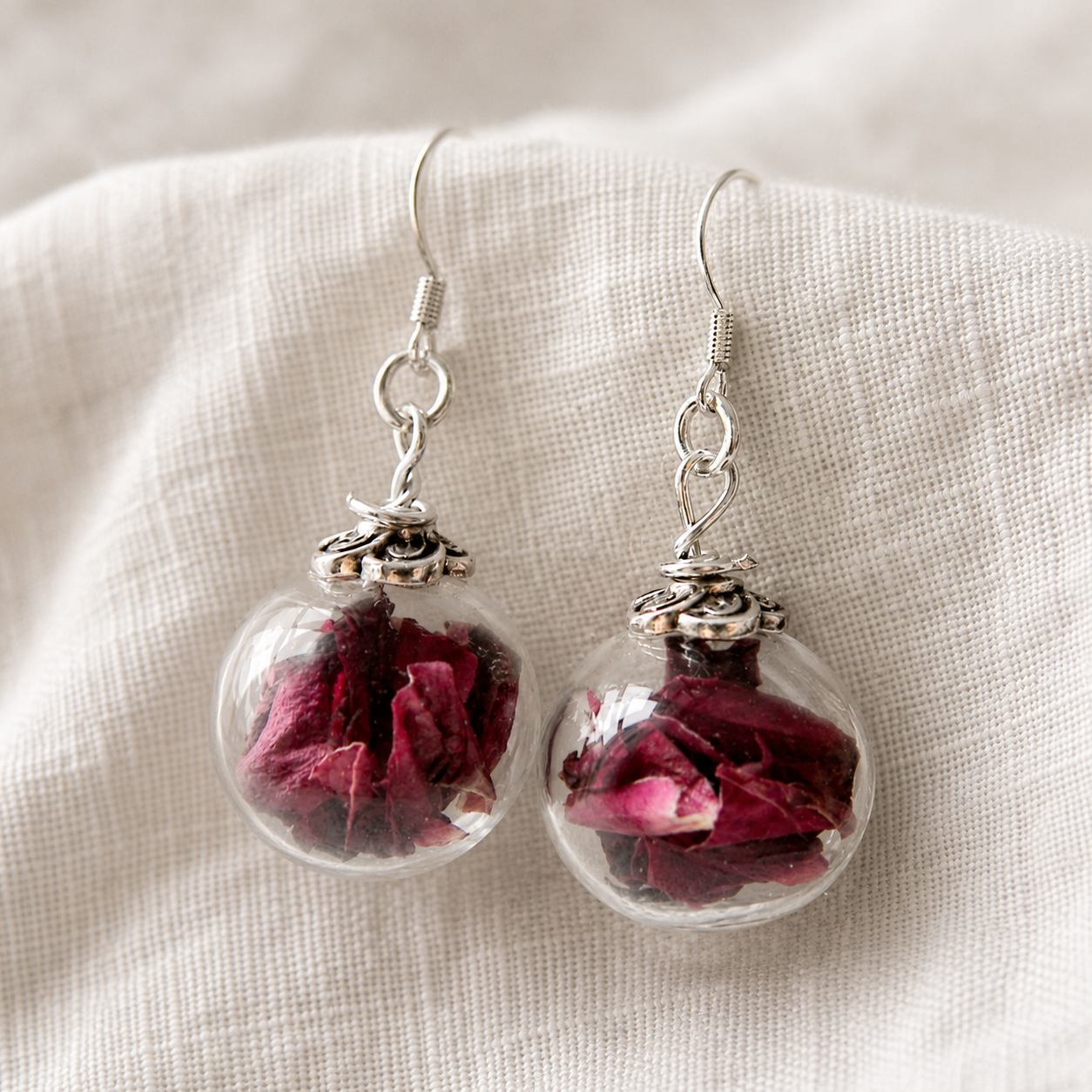 Red Rose Petal Earrings, Handblown Glass, Glass Globe Earrings, Botanical, Eco Friendly