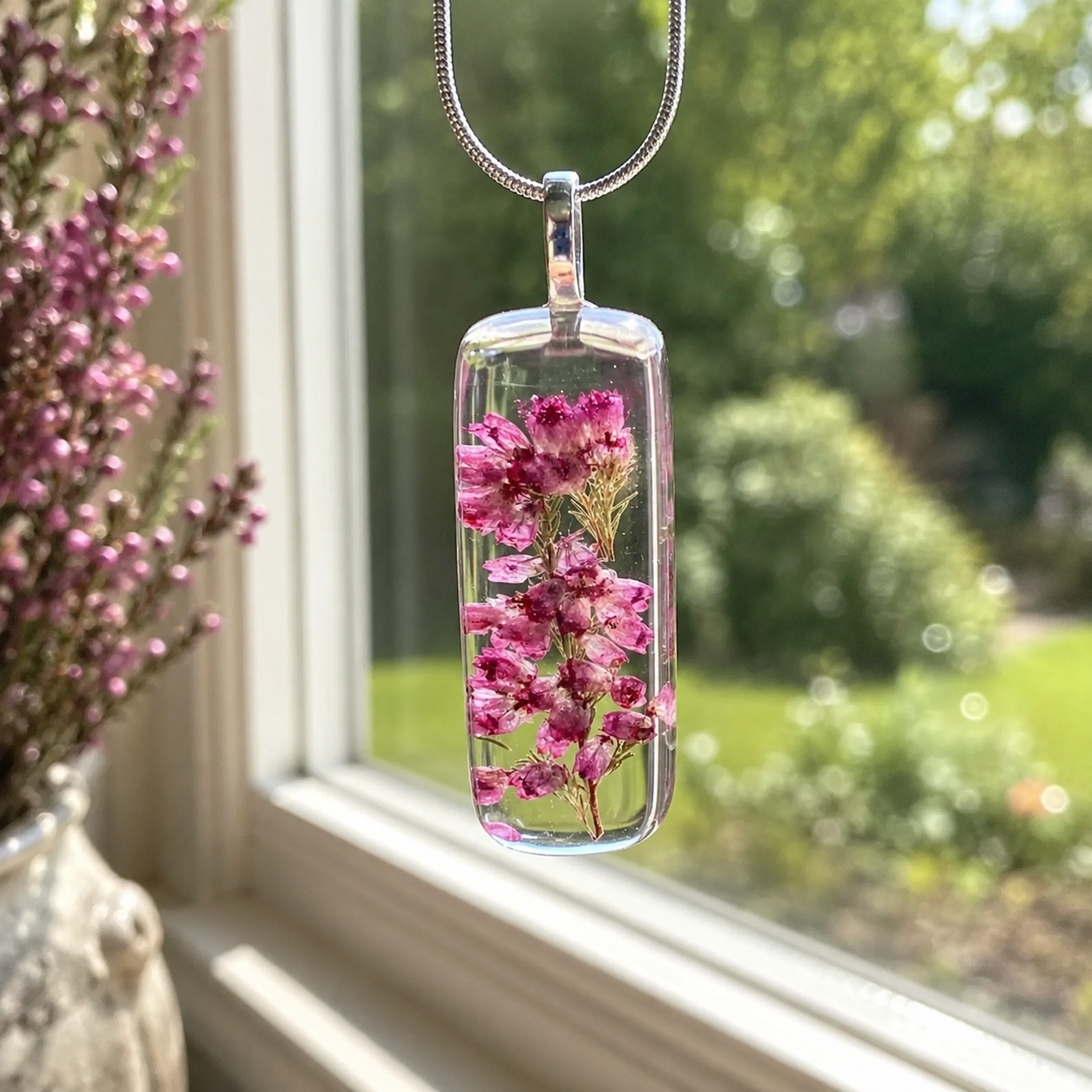 Heather Pendant, Real Flower, Botanical Necklace, Nature, Eco Friendly, Purple Scottish Heather