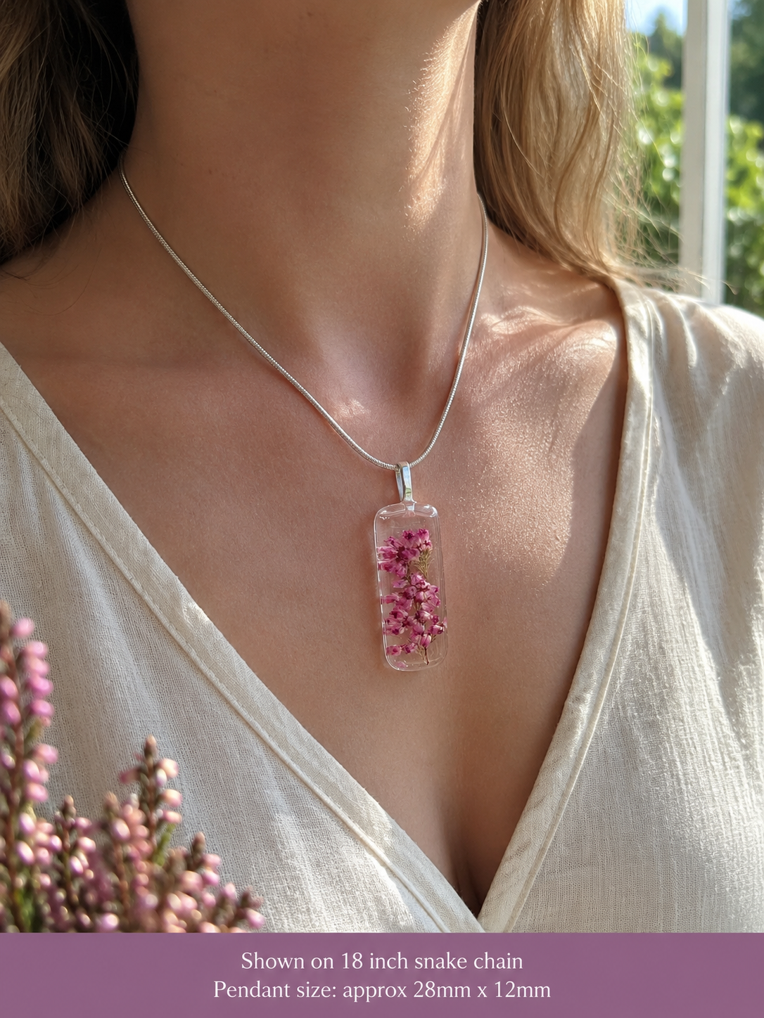Heather Pendant, Real Flower, Botanical Necklace, Nature, Eco Friendly, Purple Scottish Heather