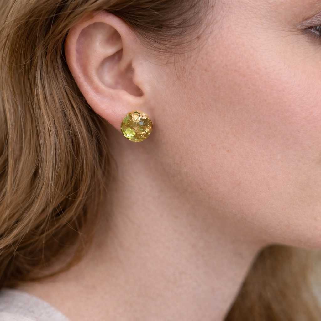 Peridot Earrings, Natural Peridot with Gold Flakes, Stud Orb, August Birthstone, Eco Resin Orbs, Eco Resin, Jewelry for Women, Gift for Her