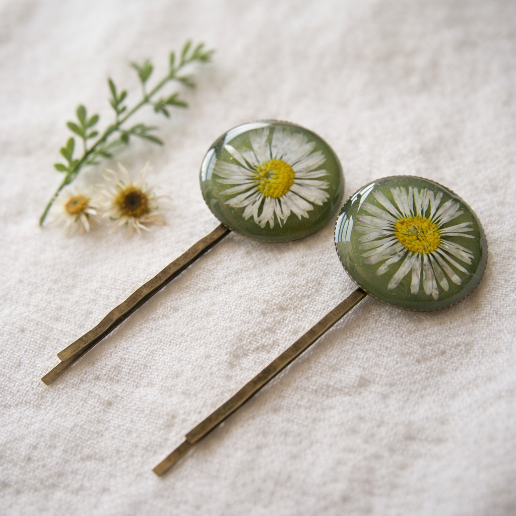 Pressed Daisy, Hair Pins,  Bobby Pin, Set of 2, Botanical, Woodland, Nature, Eco Friendly