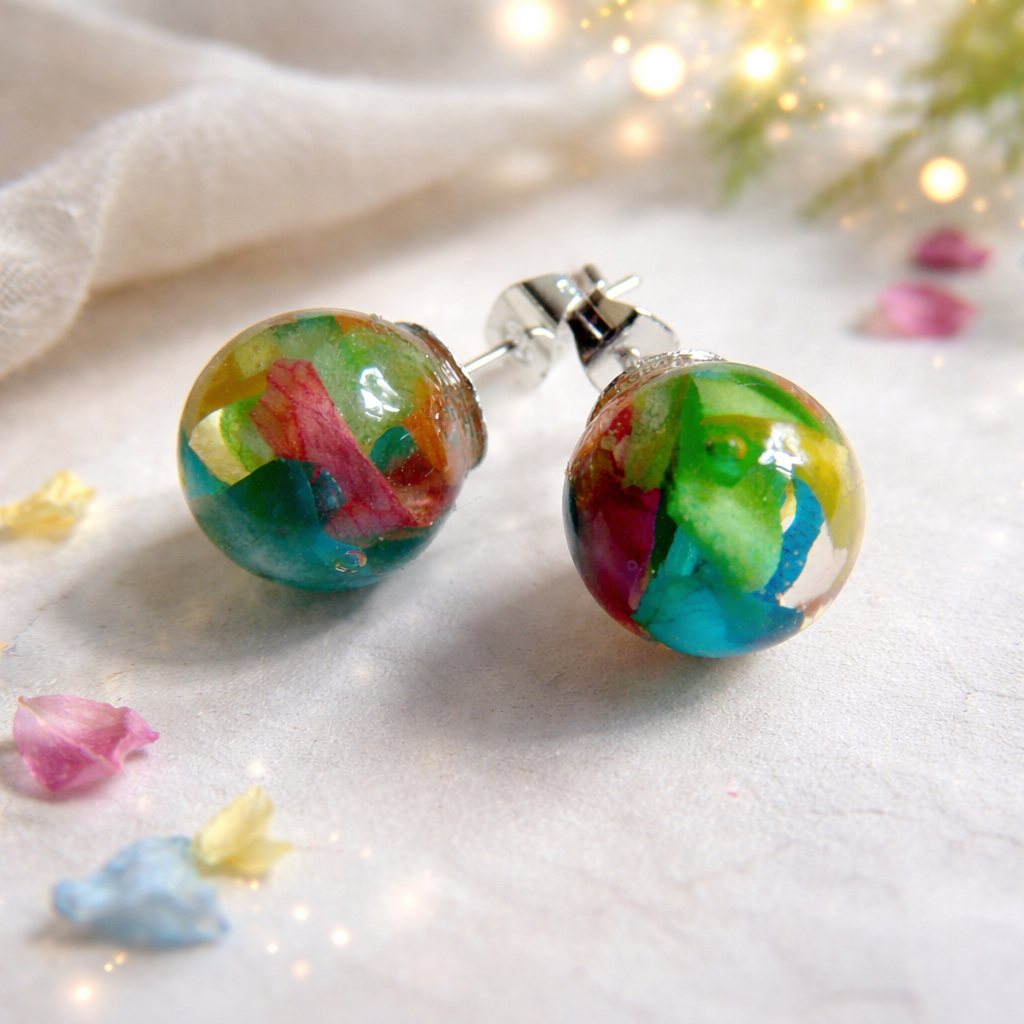 Rose Petal Earrings, Real Flower Earrings, Rainbow Jewelry, Flower Studs, Resin Studs, Eco Resin, Orb Earrings