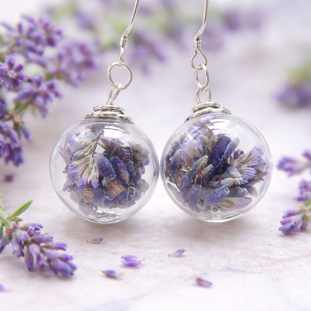 Real Lavender Earrings, Hand Blown Glass Beads, Real Flower Jewelry, Bridesmaid Gift, Holiday Gift