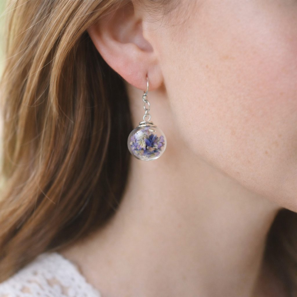 Real Lavender Earrings, Hand Blown Glass Beads, Real Flower Jewelry, Bridesmaid Gift, Holiday Gift