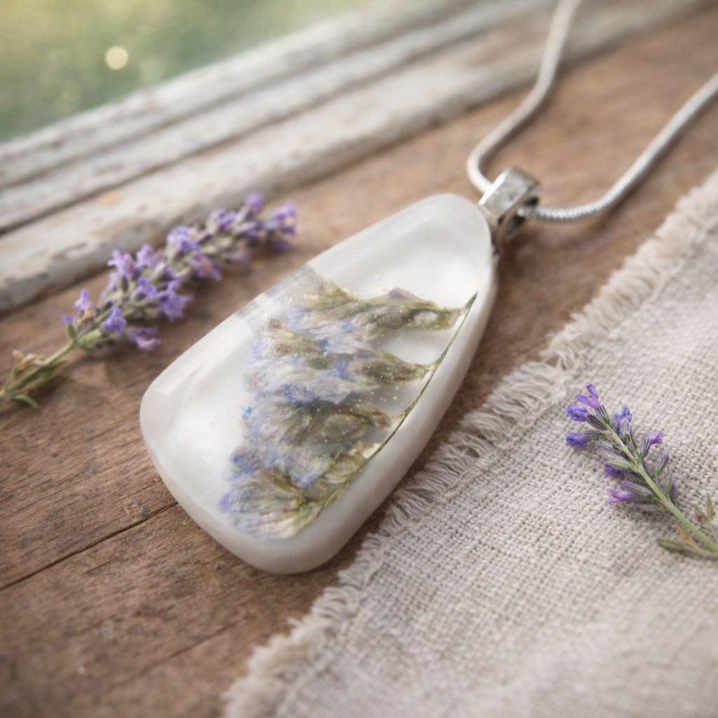 Sea Lavender Pendant,  Pressed Flower, Botanical, Woodland, White Resin Necklace
