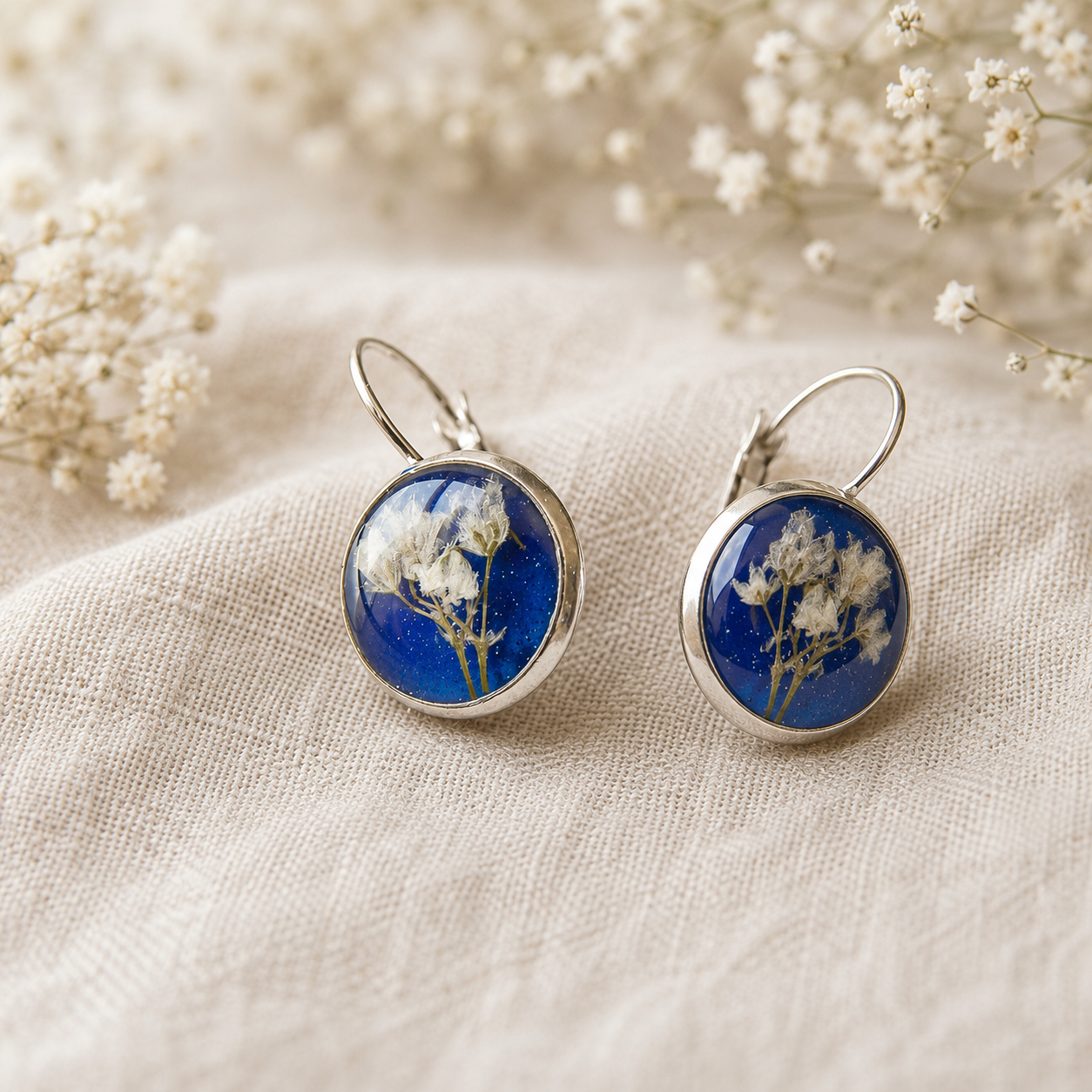 Pressed Flower Earrings, Blue Resin, Dainty Earrings, Eco Friendly, Eco Chic