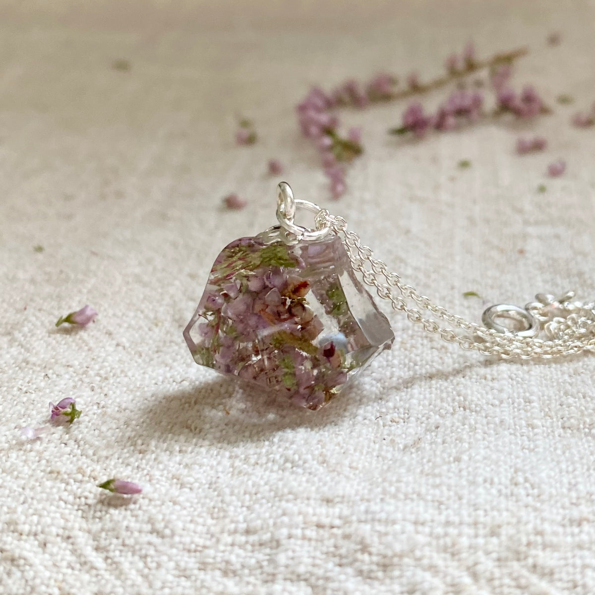 Scottish Heather Prism Necklace, Real Flower Jewellery