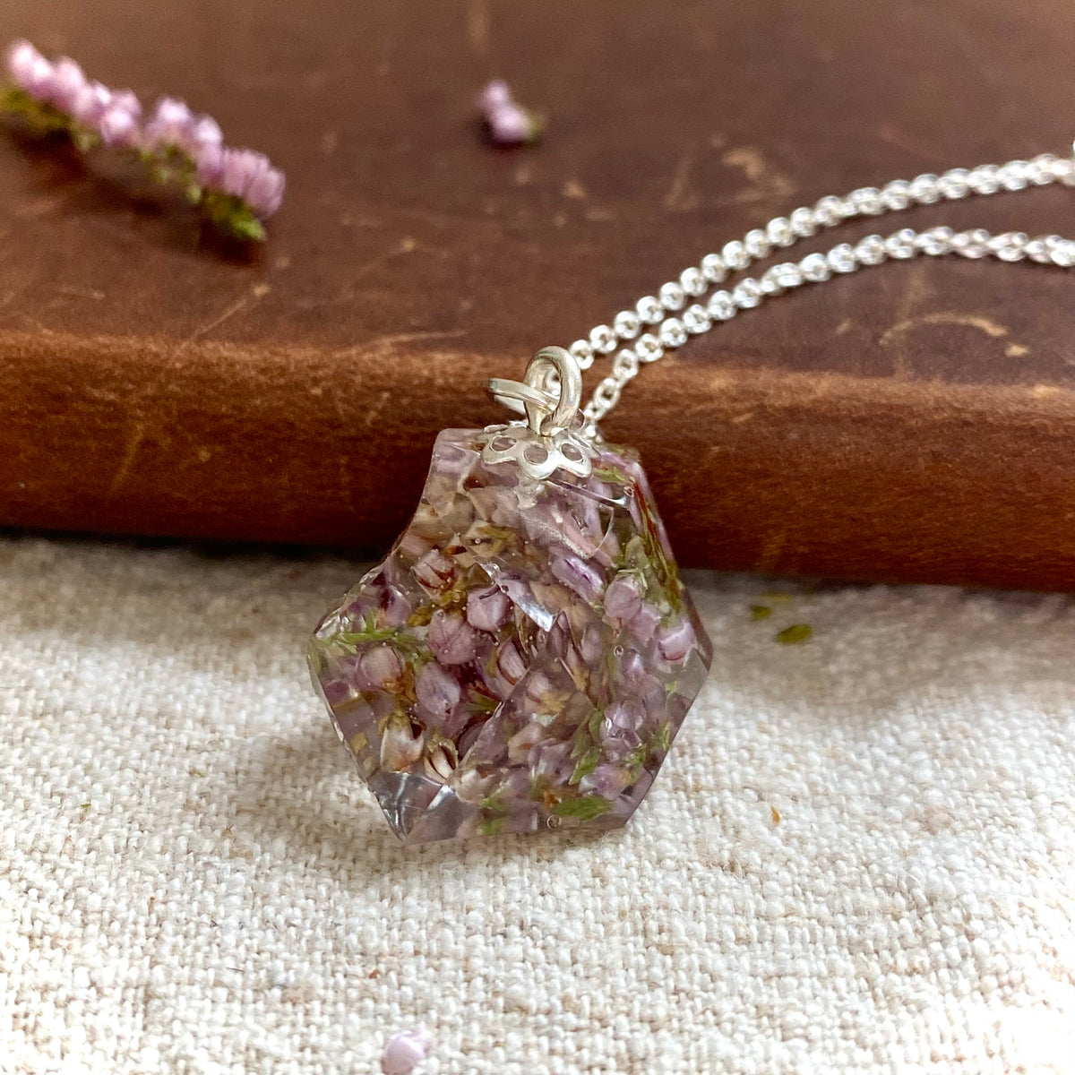Scottish Heather Prism Necklace, Real Flower Jewellery