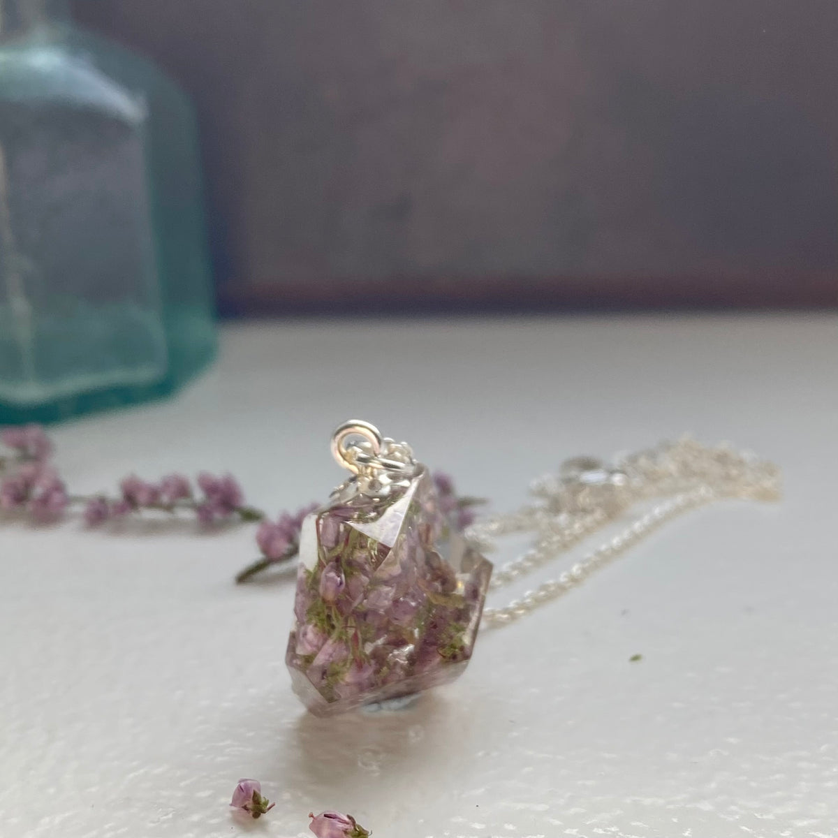 Scottish Heather Prism Necklace, Real Flower Jewellery
