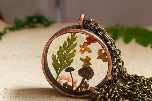 Autumn Forest Mushroom Necklace with Pine Cone Charm – Woodland Resin Bezel
