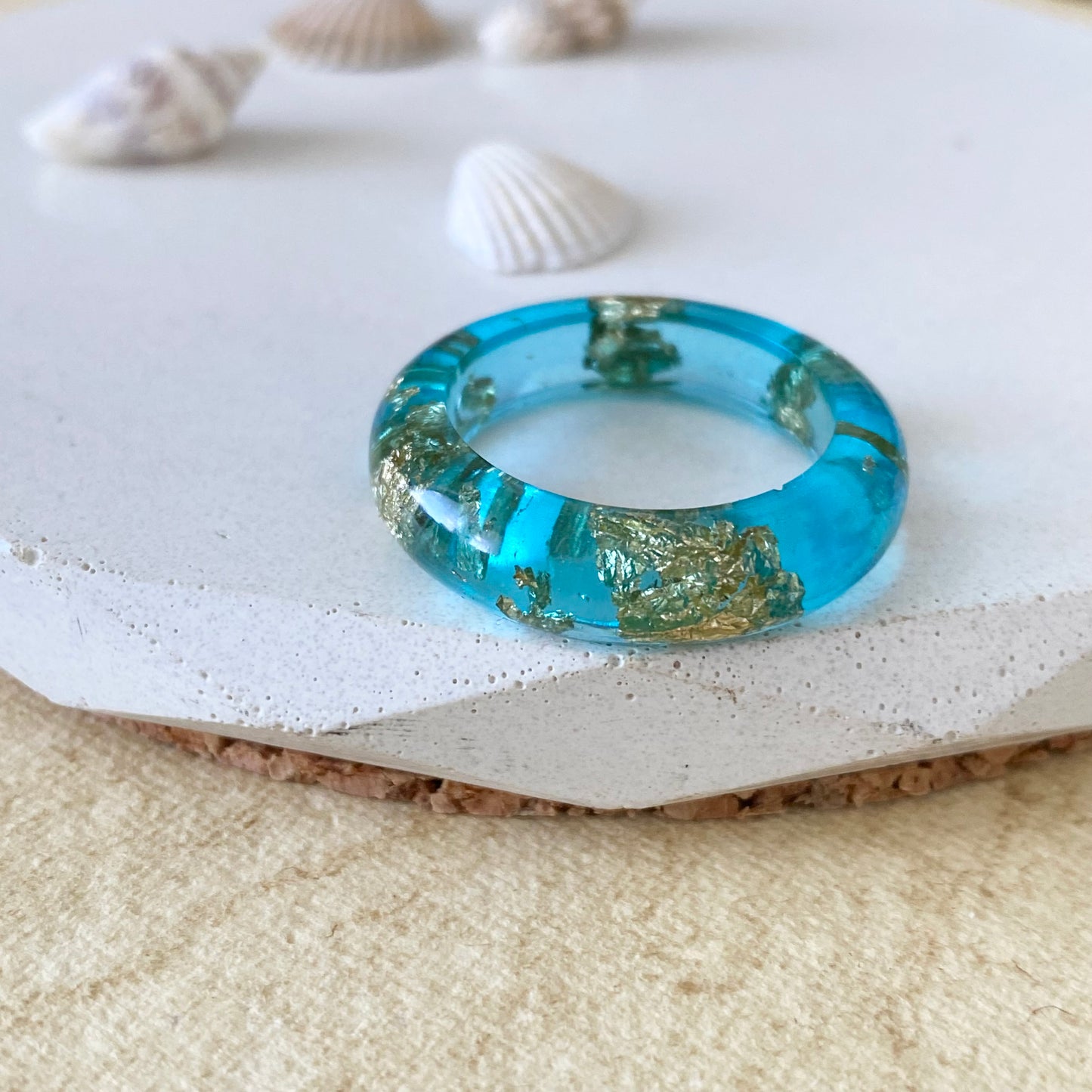 Rock Pool Aqua Resin Ring | Handmade in Scotland | Ocean Blue & Gold Leaf