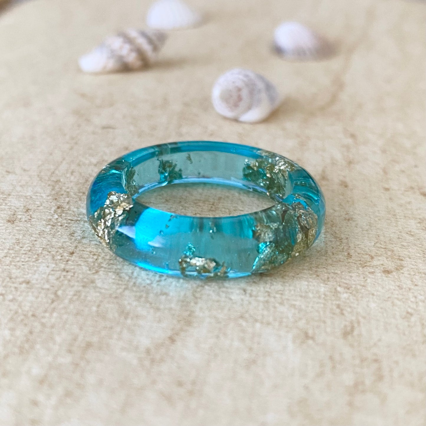 Rock Pool Aqua Resin Ring | Handmade in Scotland | Ocean Blue & Gold Leaf