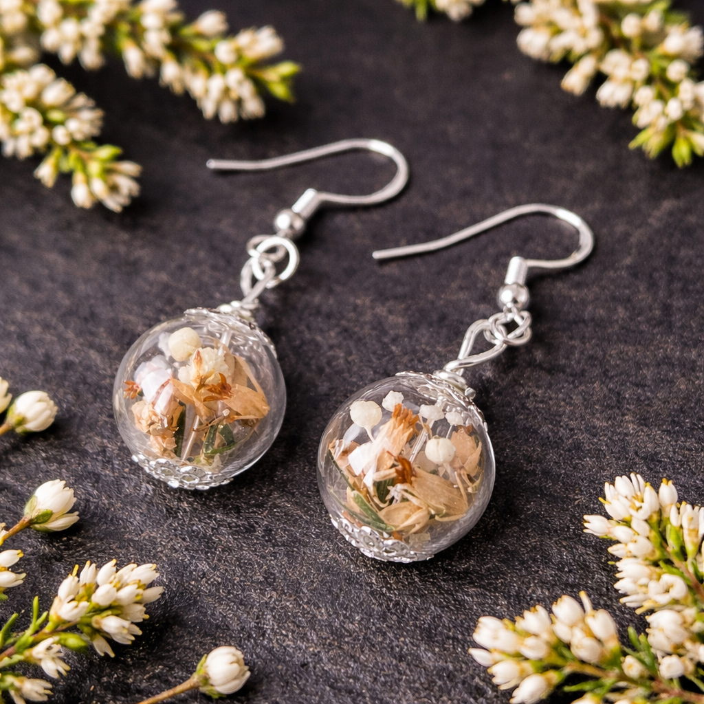 Lucky White Heather Earrings - Real Flower - Bridal Wedding Bridesmaid