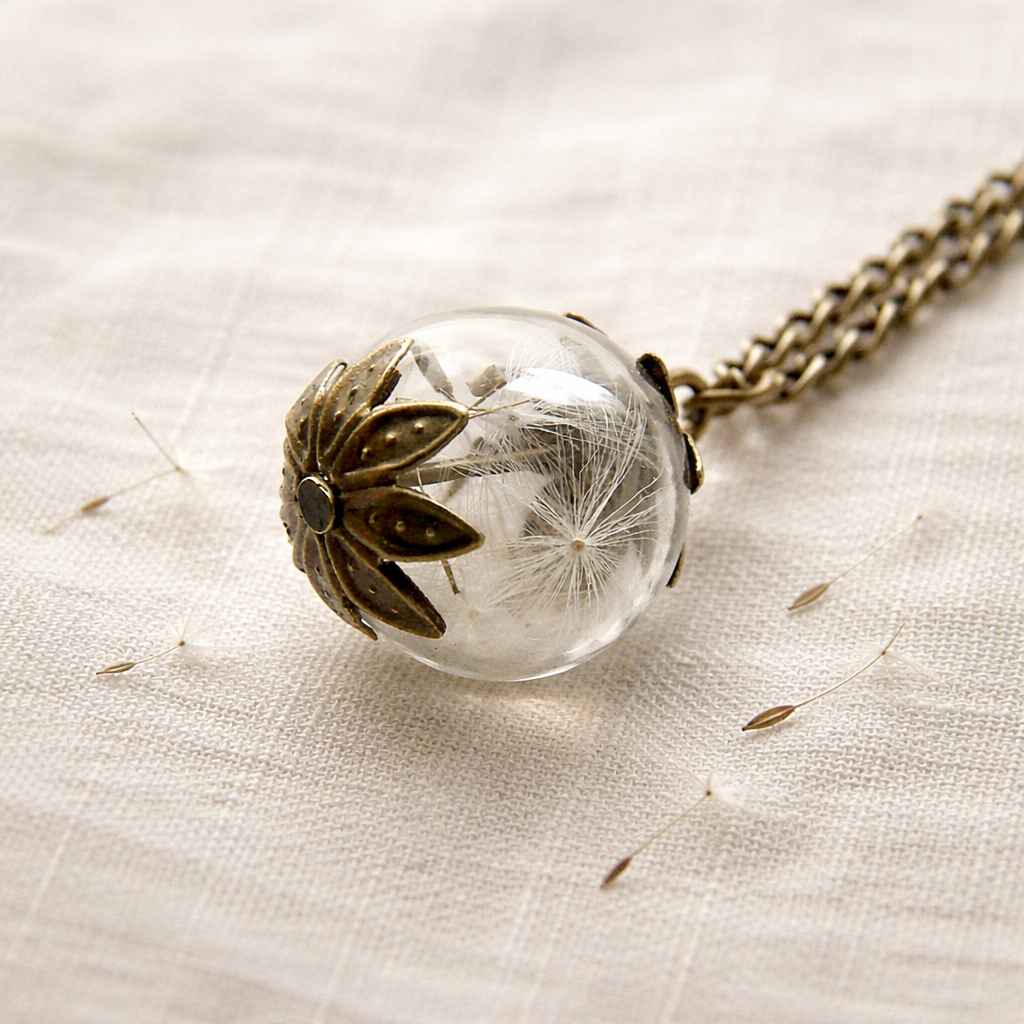 Real Dandelion Seeds Necklace Hand Blown Glass Orb Bead Globe