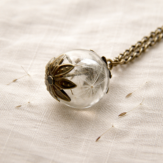 Real Dandelion Seeds Necklace Hand Blown Glass Orb Bead Globe