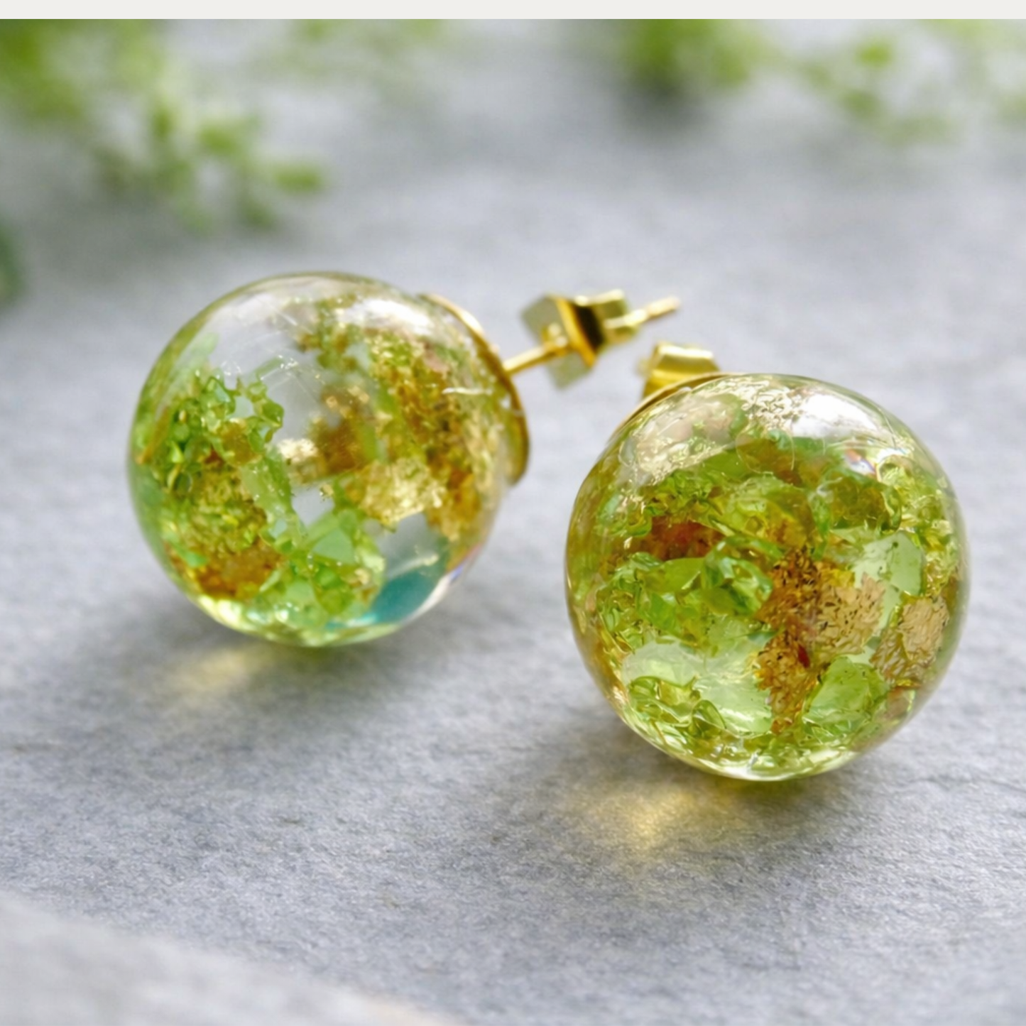 Peridot Earrings, Natural Peridot with Gold Flakes, Stud Orb, August Birthstone, Eco Resin Orbs, Eco Resin, Jewelry for Women, Gift for Her