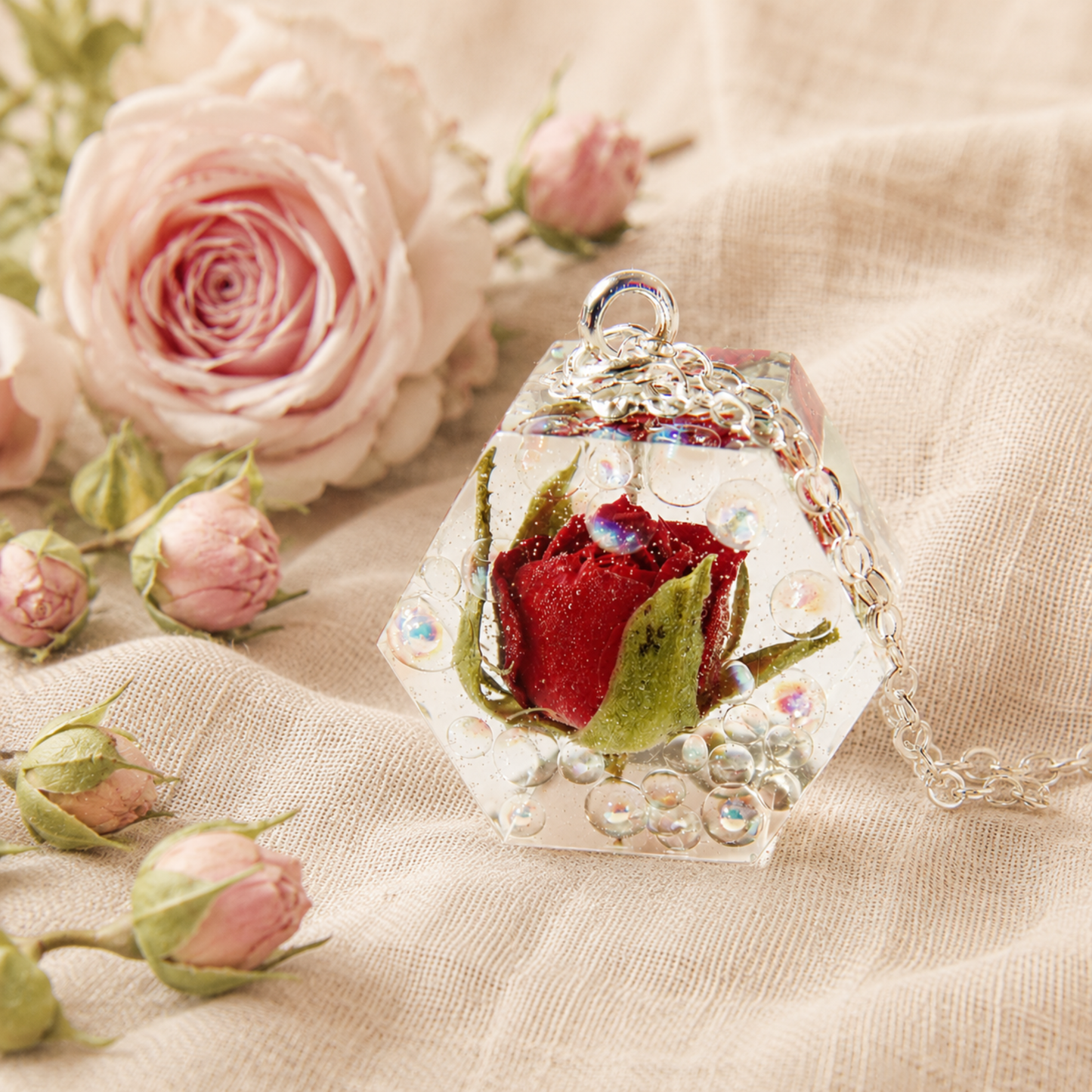 Rose Necklace, Real Rosebud, Dewdrop Necklace, Hexagon Necklace, geometric necklace, Resin Necklace