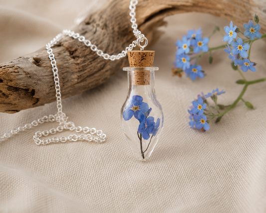 Forget me not teardrop Necklace, Little Vial Necklace