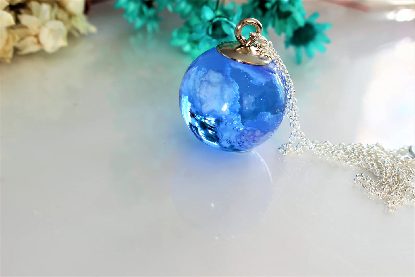 Blue Sky and Clouds Resin Necklace