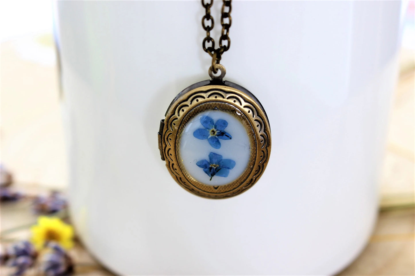 Vintage Brass Locket with Forget Me Nots, Brass Locket, Forget Me Not Necklace