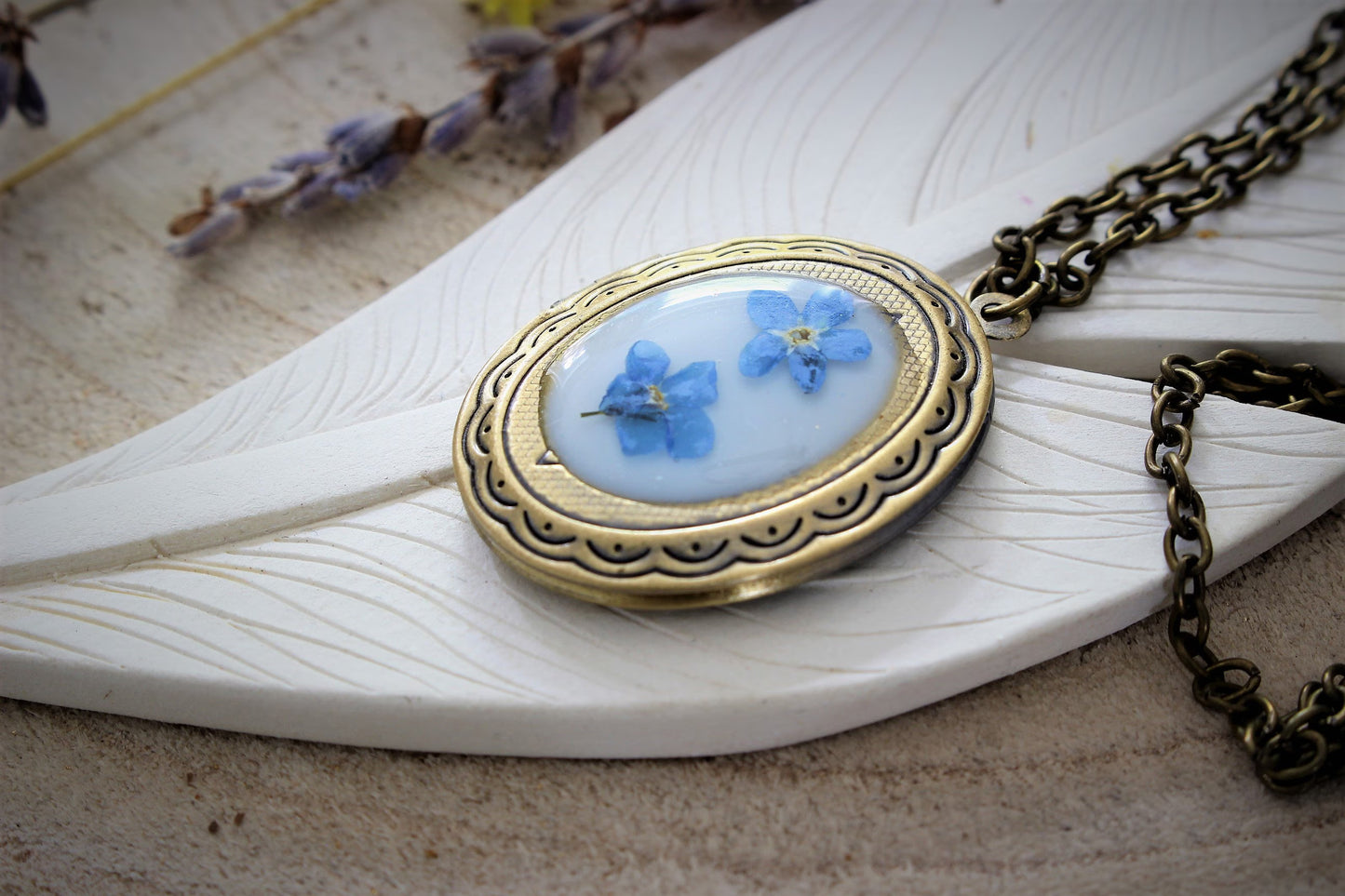 Vintage Brass Locket with Forget Me Nots, Brass Locket, Forget Me Not Necklace