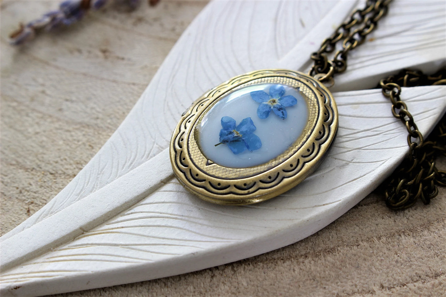 Vintage Brass Locket with Forget Me Nots, Brass Locket, Forget Me Not Necklace