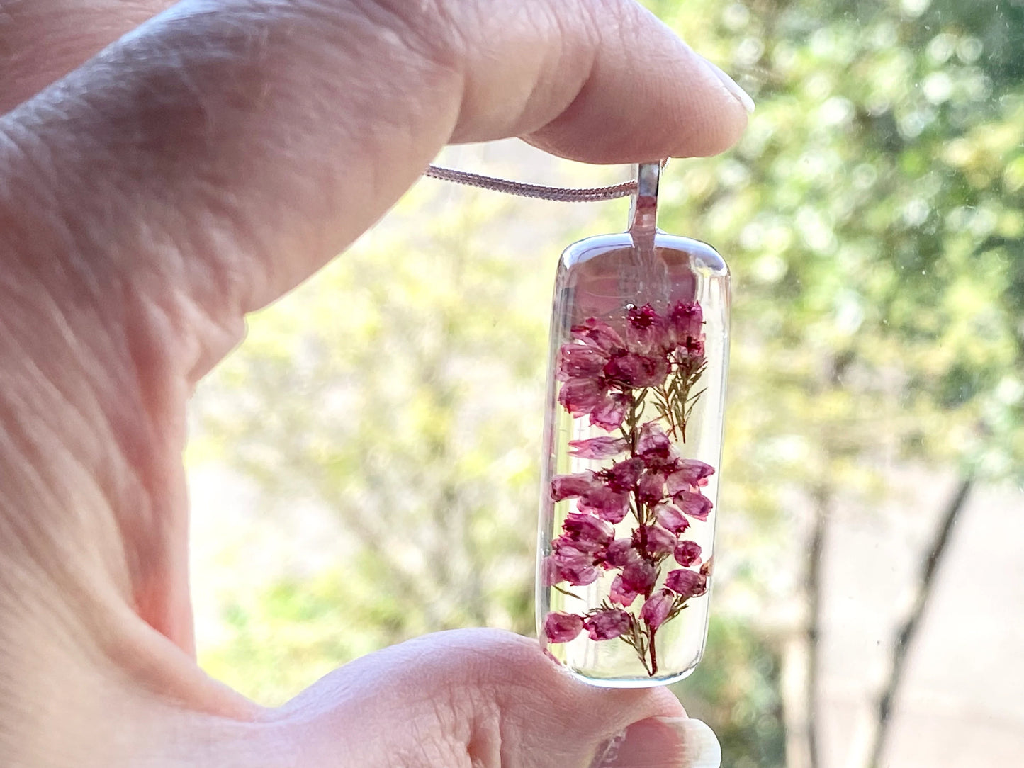 Heather Pendant, Real Flower, Botanical Necklace, Nature, Eco Friendly, Purple Scottish Heather