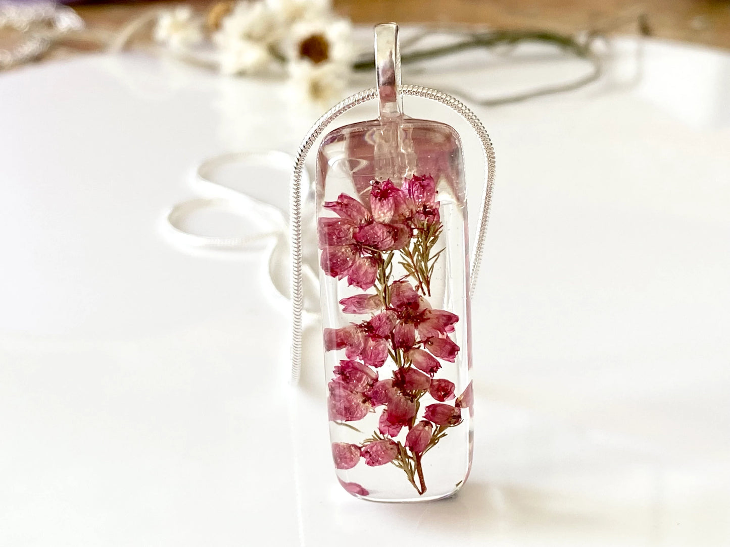 Heather Pendant, Real Flower, Botanical Necklace, Nature, Eco Friendly, Purple Scottish Heather