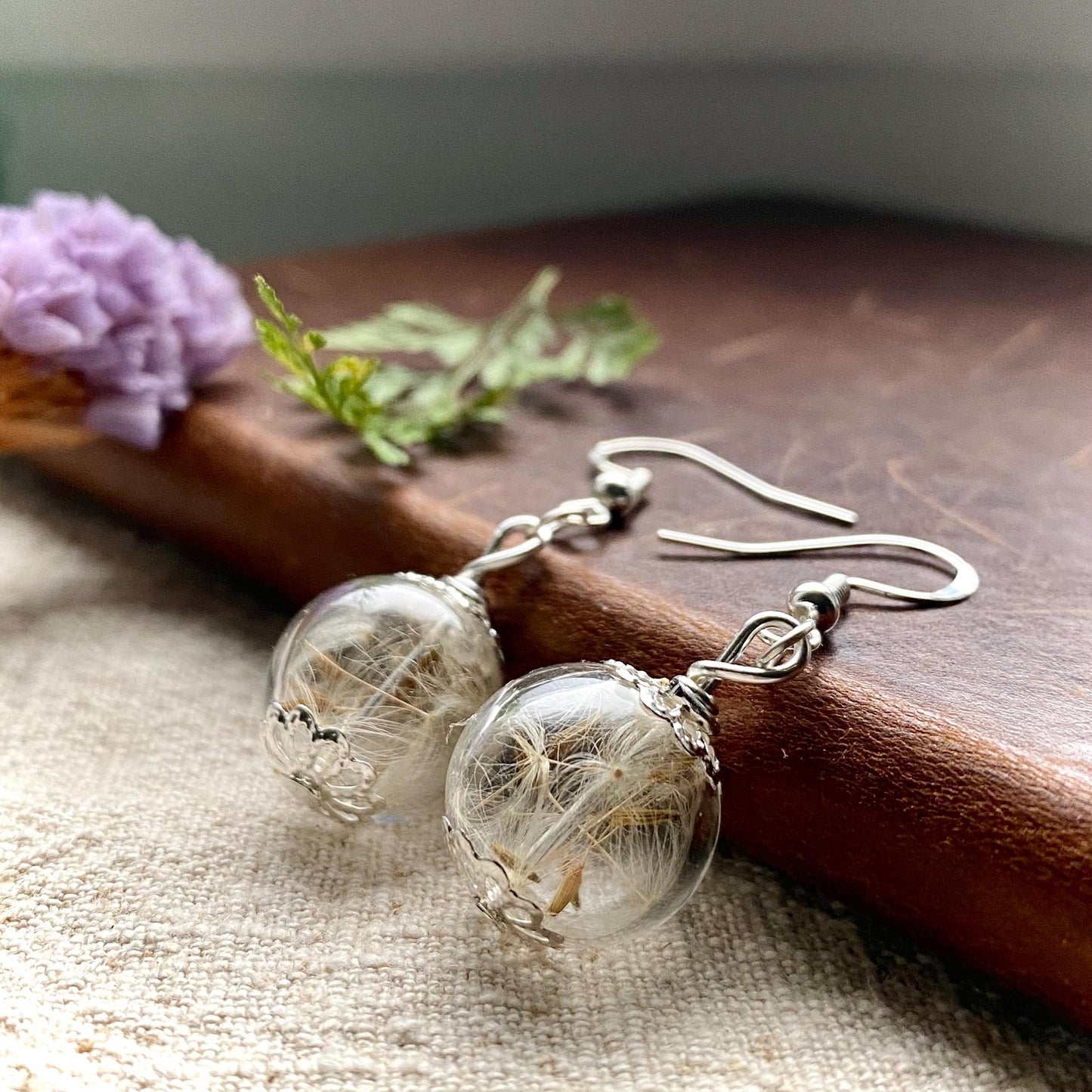 Silver Dandelion Earrings, Make a Wish, Real Flower Jewellery