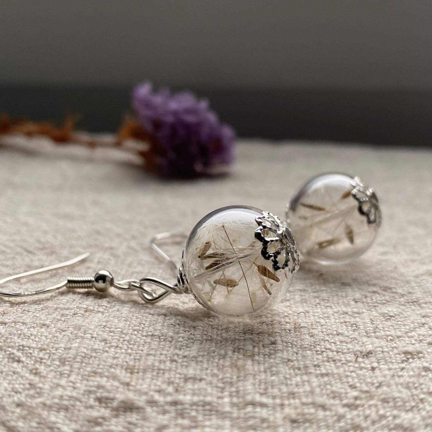 Silver Dandelion Earrings, Make a Wish, Real Flower Jewellery