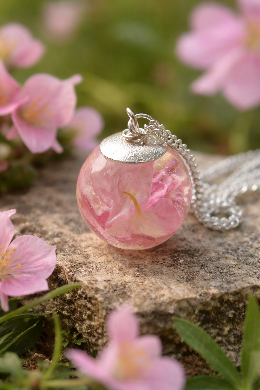 Pink Larkspur Petal Resin Necklace