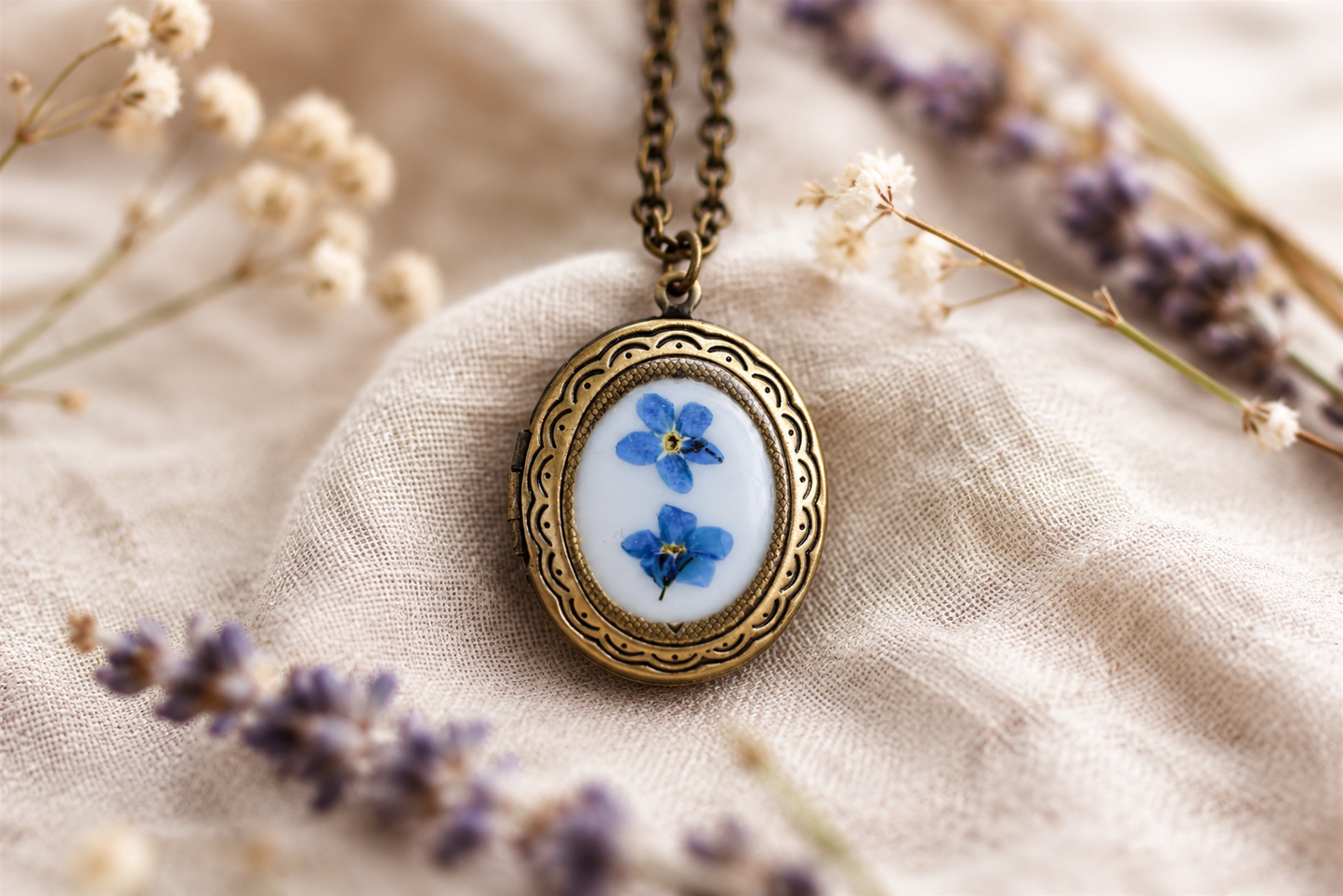 Vintage Brass Locket with Forget Me Nots, Brass Locket, Forget Me Not Necklace