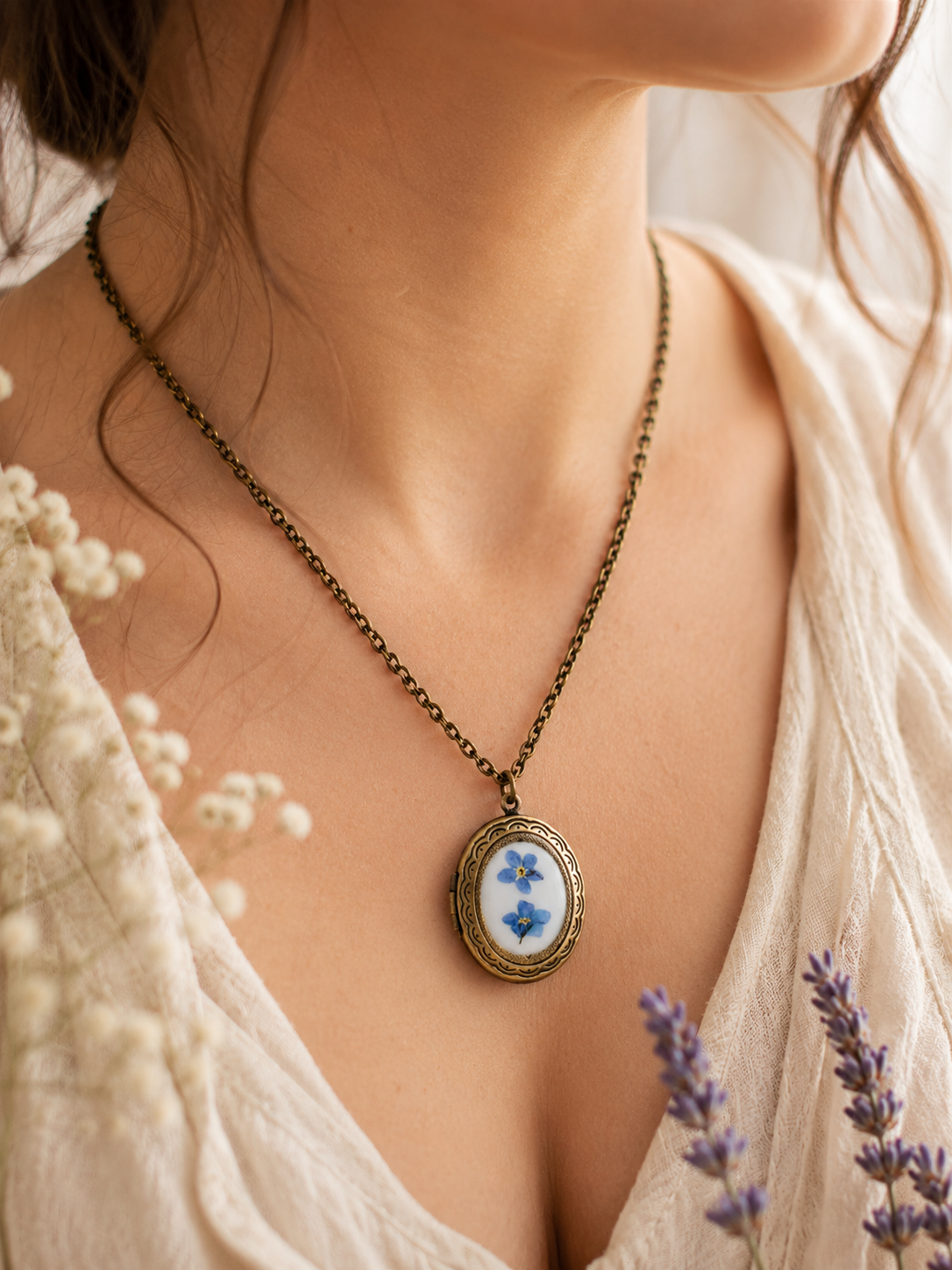 Vintage Brass Locket with Forget Me Nots, Brass Locket, Forget Me Not Necklace